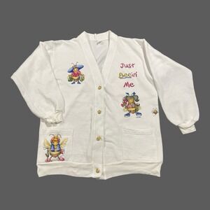 Vintage 90s Cardigan Woman's Bees White Button Up Sweater Size L/XL USA Made